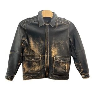 Tommy Bahama Mens Distressed Leather Bomber Jacket Black Brown Full Zip XL